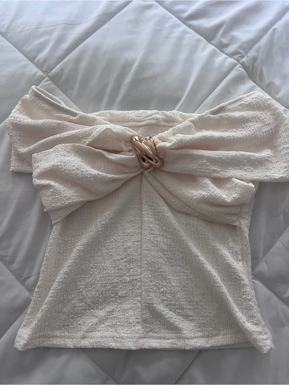 Off-Shoulder Cream Knot-Front Women’s Top